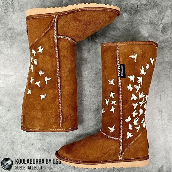 UGG KOOLABURRA PEACE TALL BOOTS CHESTNUT SUEDE SHEEPSKIN FLYING BIRDS DOVE FLOCK - Picture 4 of 16